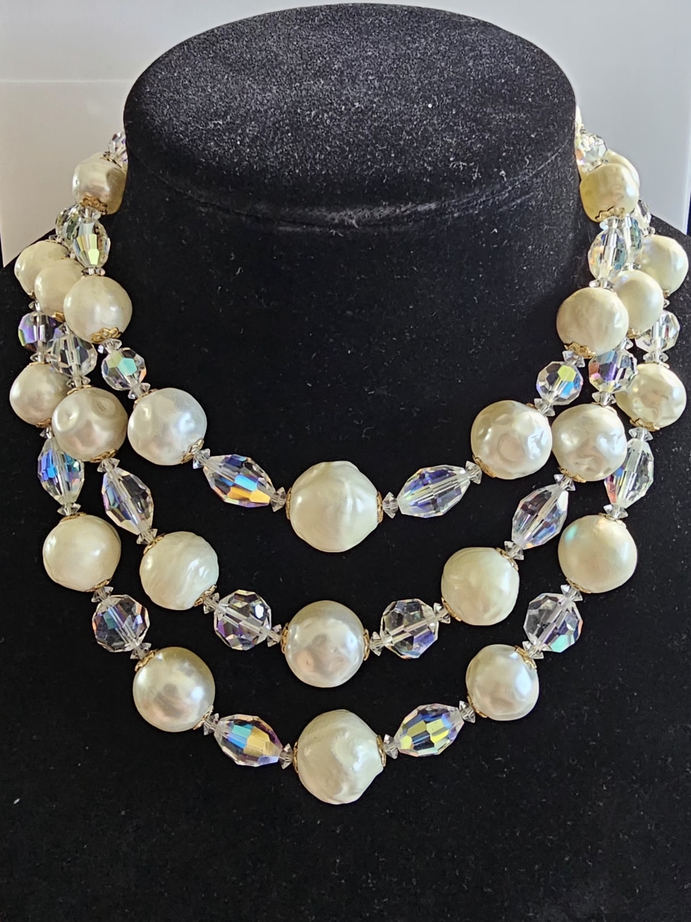 Vintage Vendome Signed 3 Strand Faux Pearl Aurora Borealis Crystal Necklace Clas